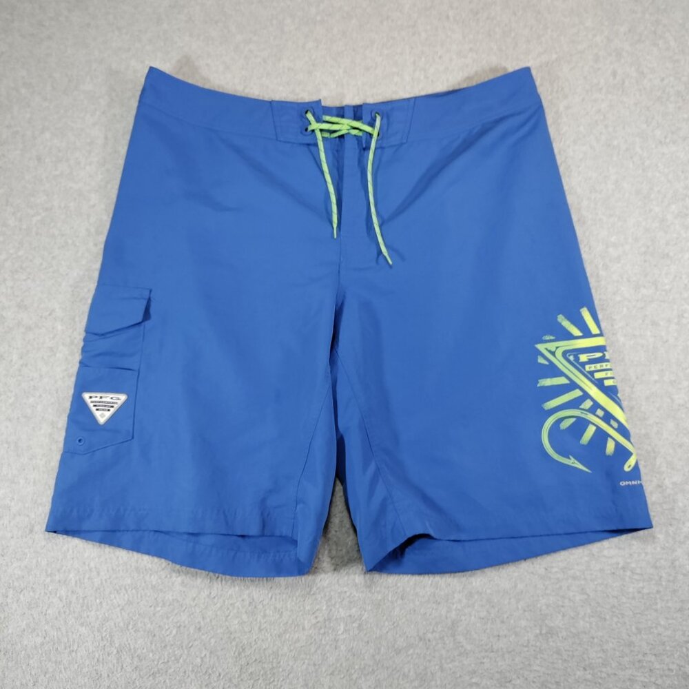 Columbia PFG Offshore Board Shorts Mens 40x11 Blue Yellow Logo Omni-Shade